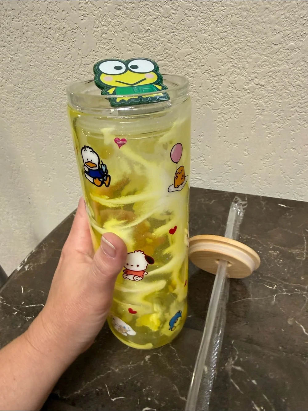Sanrio Characters 20 oz Skinny Glass Glow Cup with Extra Lid Handmade